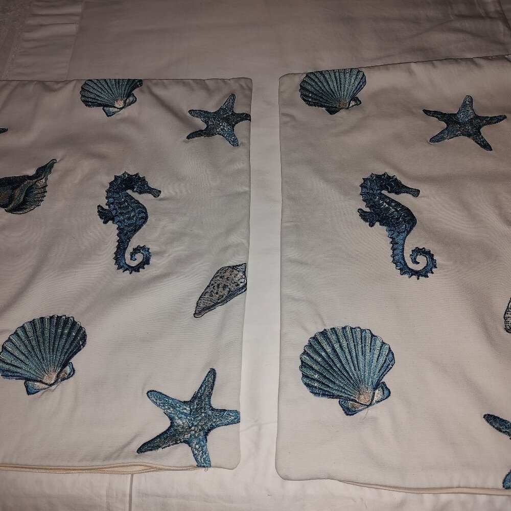 SEALIFE CUSTOM STANDARD PILLOW SHAMS WHITE COTTON AQUA EMBROIDERY 20 x 24 NEW